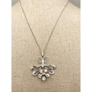 Vintage Sorrento sterling silver rhinestone filigree floral Pendant Necklace